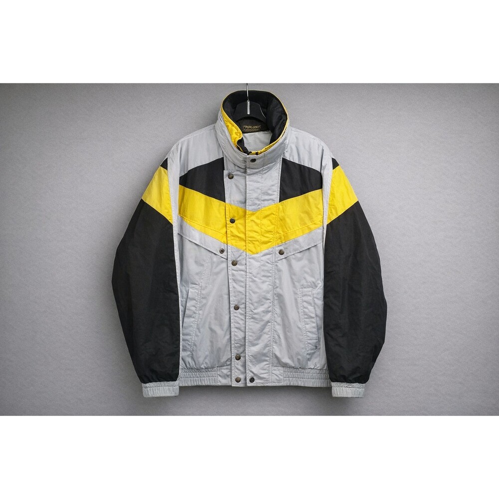 VTG 80s Prima Futursky Colorblock Ski Jacket Men's L | Gray Yellow Black Puffer